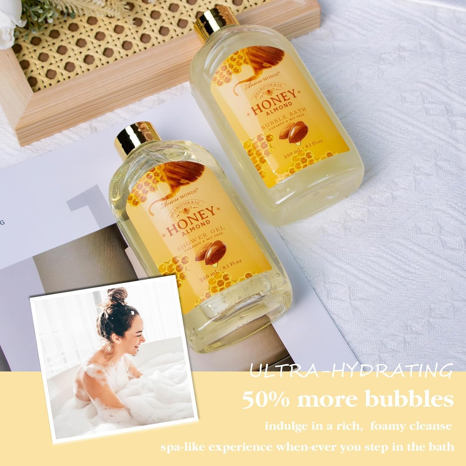 Gift Baskets for Women, Spa Gifts for Women, 8Pcs Honey Almond Bath Gift Set for Women, Relaxation Self Care Spa Kit W/Bath Bomb, Bubble Bath, Mom Birthday Gifts, Christmas Gifts Thank You Gifts