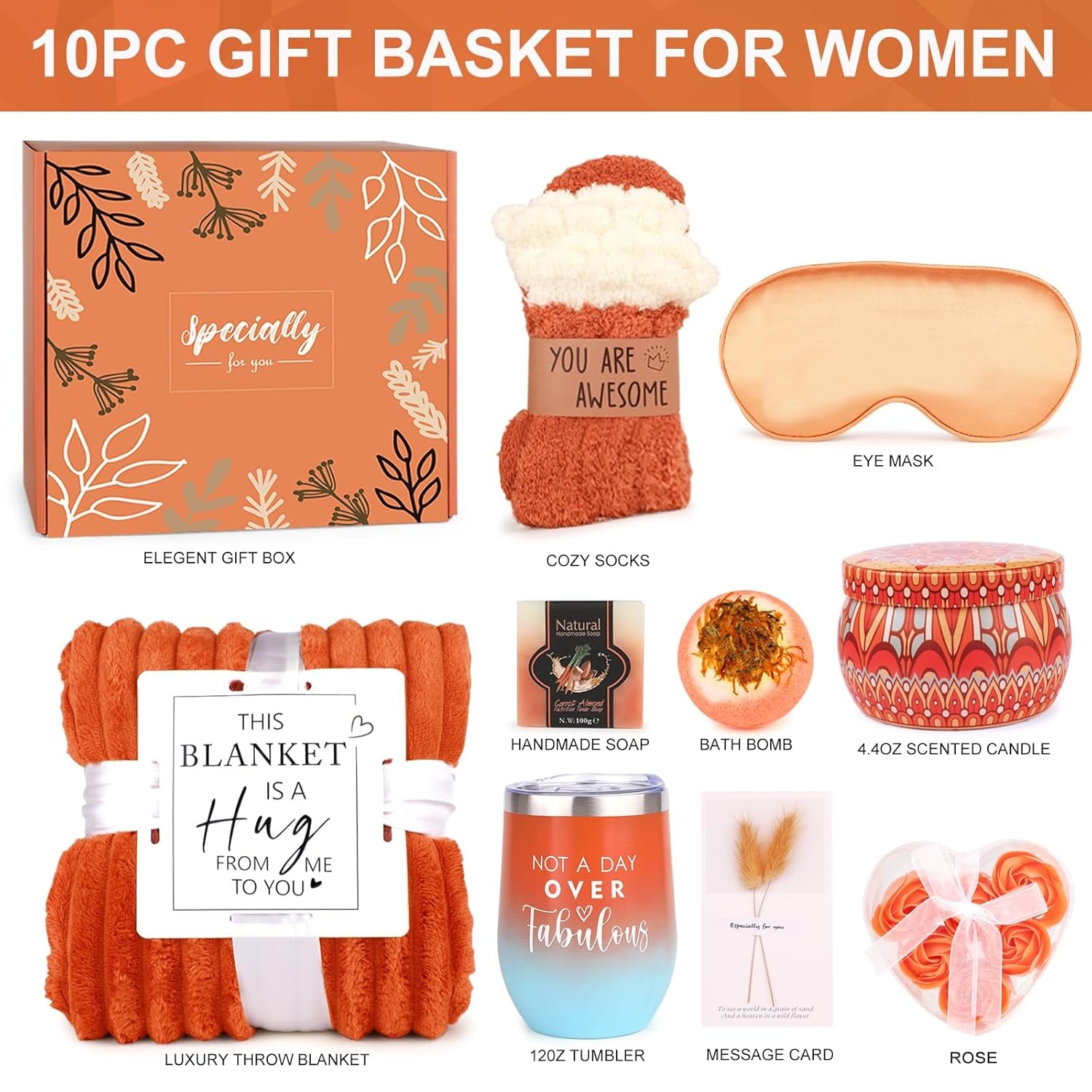Cozy Gifts for Women Christmas,Birthday Gifts,Luxury Self Care Get Well Gifts,Relaxing Spa Gifts Basket W/Fall Throw Blanket,Orange Gifts for Women,Mom, Wife,Girlfriend,ValentineāS Day Gifts for Her