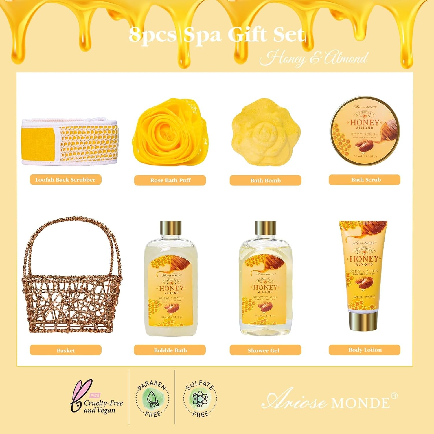 Gift Baskets for Women, Spa Gifts for Women, 8Pcs Honey Almond Bath Gift Set for Women, Relaxation Self Care Spa Kit W/Bath Bomb, Bubble Bath, Mom Birthday Gifts, Christmas Gifts Thank You Gifts