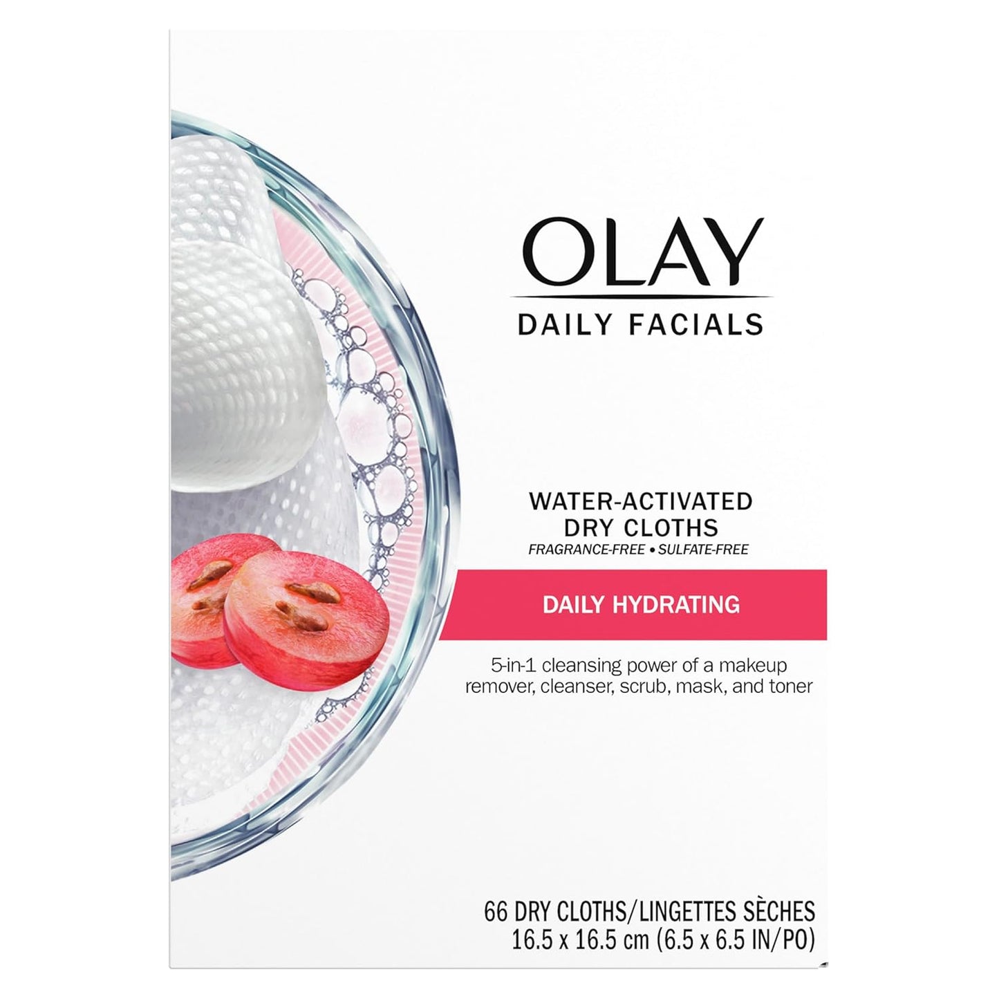 Daily Facials, Daily Clean Makeup Removing Facial Cleansing Wipes, 5-In-1 Water Activated Cloths, Exfoliates, Tones and Hydrates Skin, 66 Count