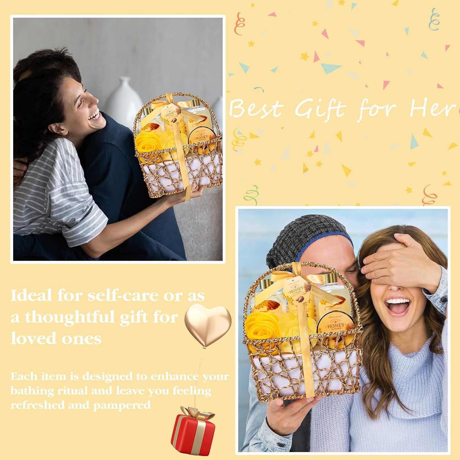 Gift Baskets for Women, Spa Gifts for Women, 8Pcs Honey Almond Bath Gift Set for Women, Relaxation Self Care Spa Kit W/Bath Bomb, Bubble Bath, Mom Birthday Gifts, Christmas Gifts Thank You Gifts